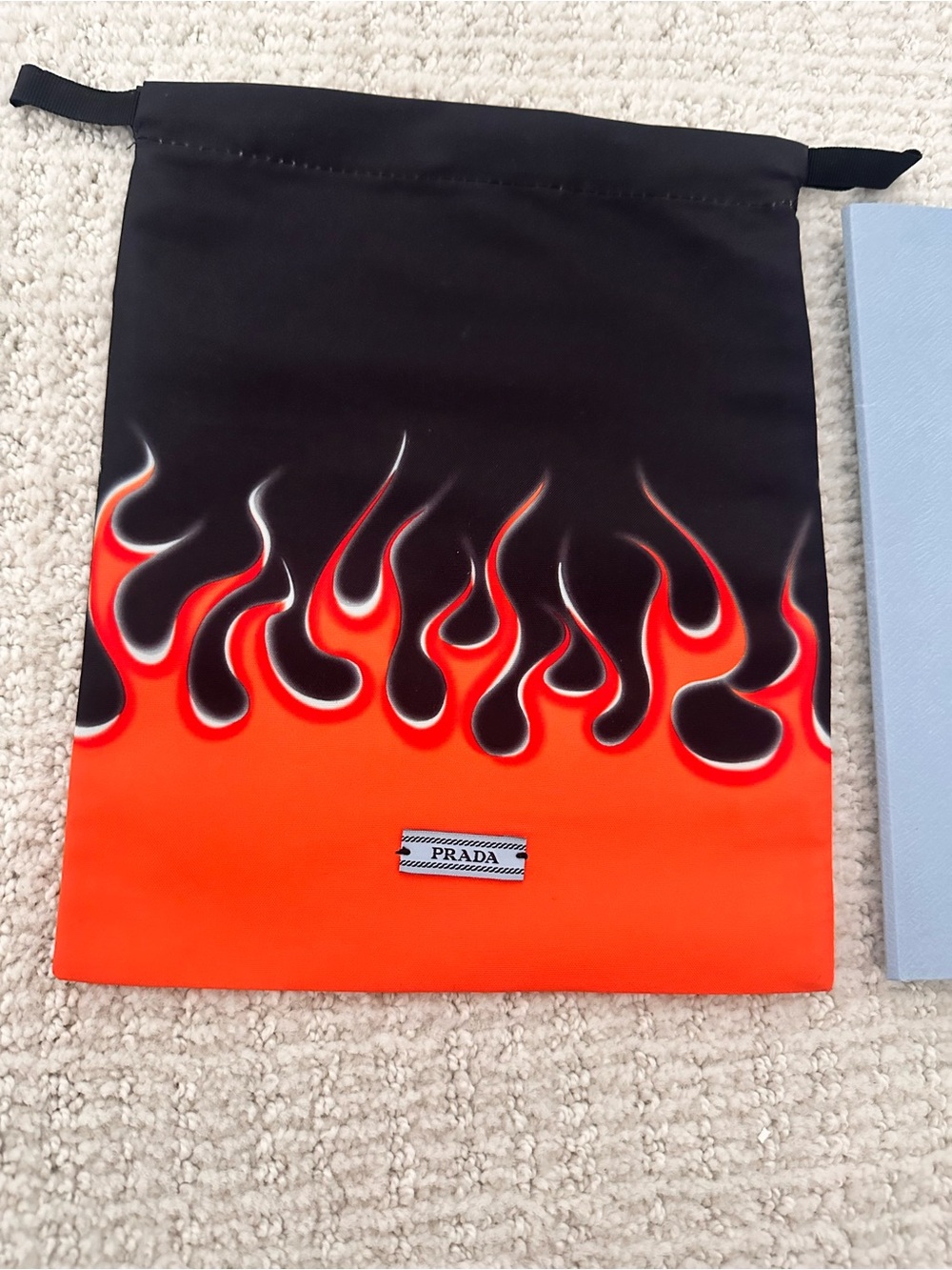 Authentic Prada Black and Orange Flame Print Drawstring Dust Bag & Prada Booklet